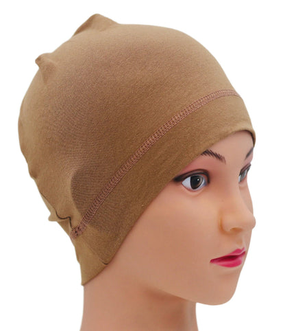 Brown headscarf or Under helmet Beanie on a mannequin head against a white background.