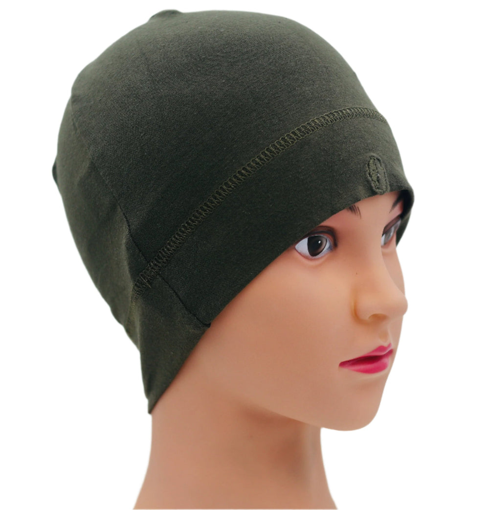 Green beanie / Olive Green Under helmet Beanie on a mannequin head against a white background.