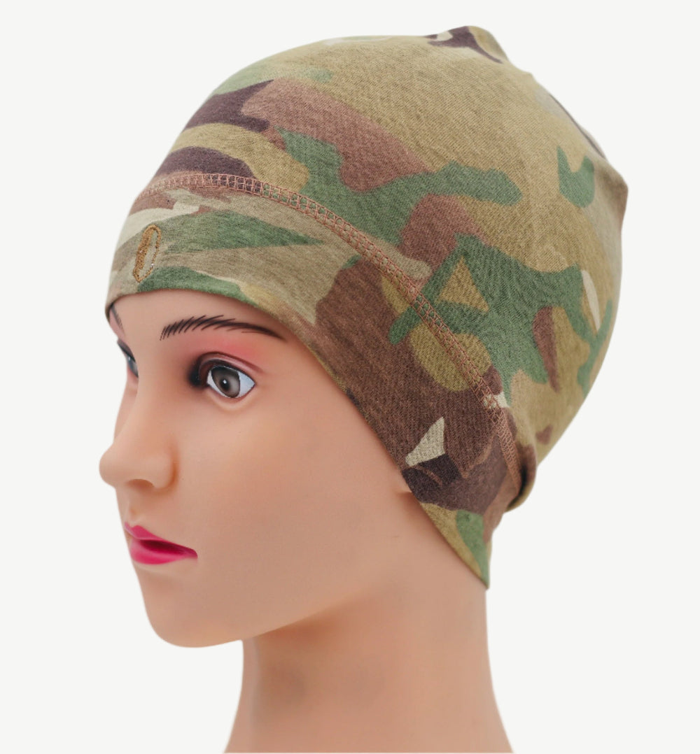 Multicam Camouflage headscarf  / Under helmet Beanie on a mannequin head against a white background.