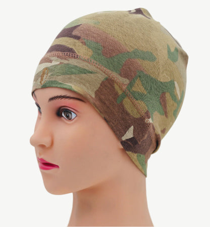 Multicam Camouflage headscarf  / Under helmet Beanie on a mannequin head against a white background.