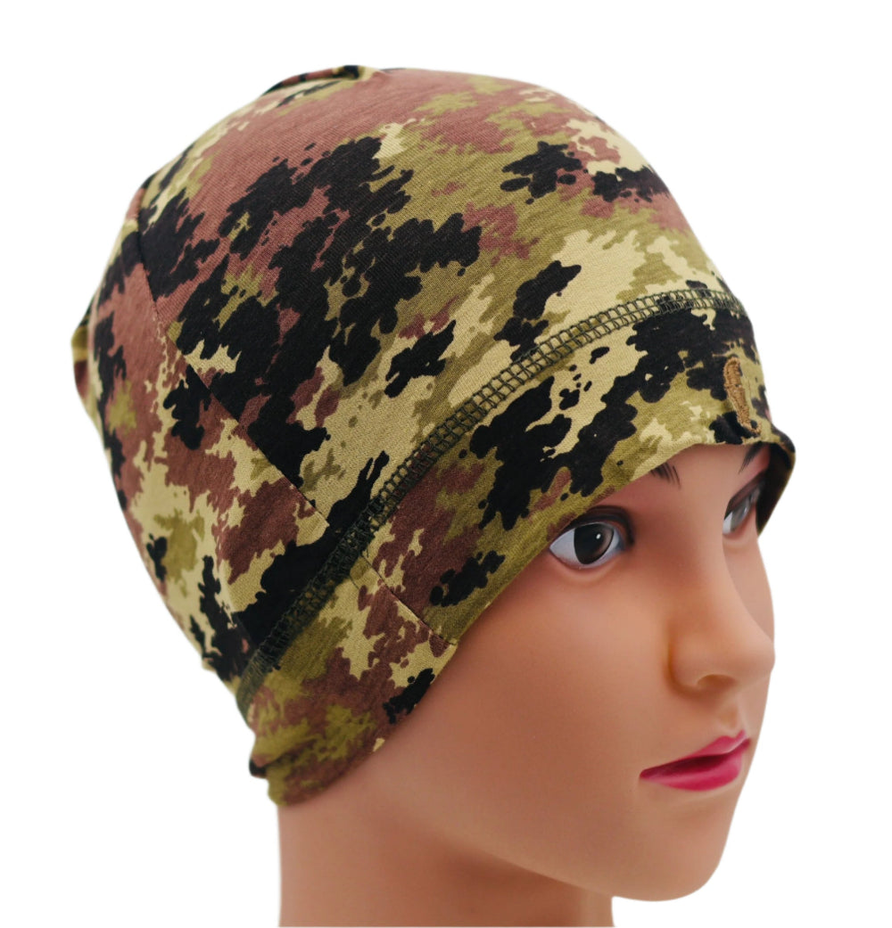 Italian Vegetato Camouflage Under helmet Beanie  on a mannequin head against a white background.