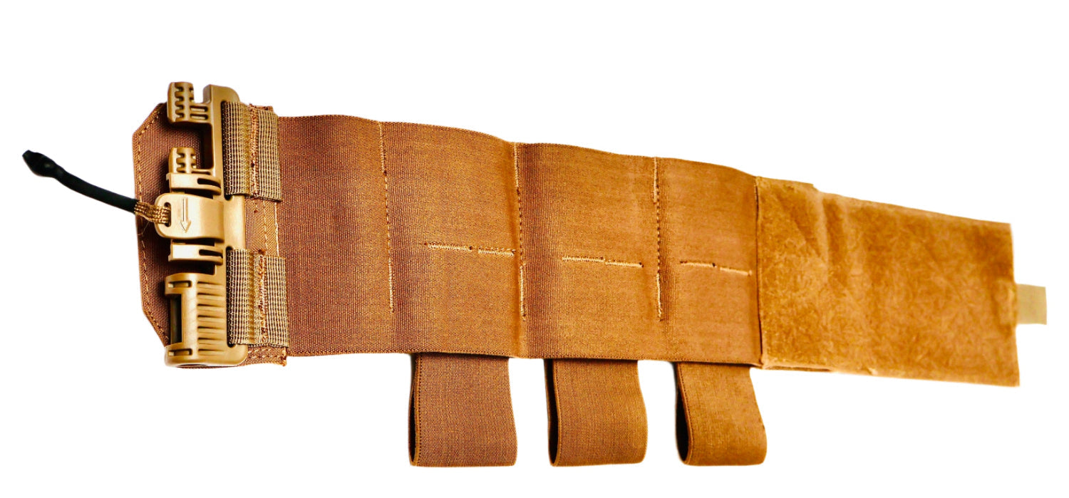 Brown Elastic  belt with three Built in Magazine Pouches with gold Buckle on a white background.