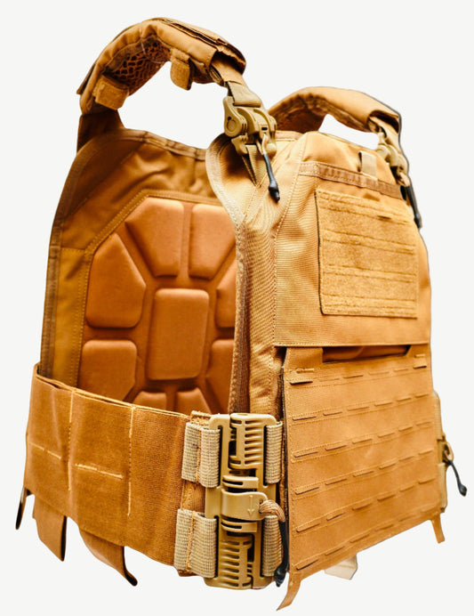 Tan tactical vest with multiple pockets and straps and QRB Buckle on a white background.