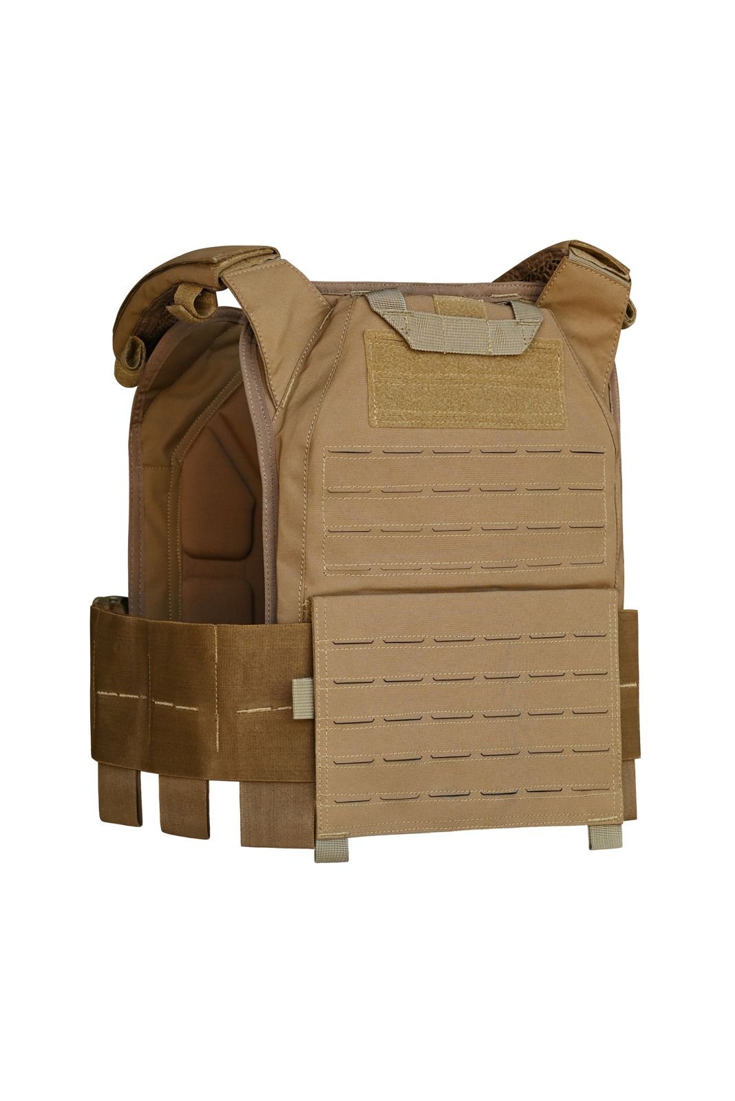 side  view of QRB Buckle brown/Coyote/Sand tactical plate carrier vest with multiple pouches and padding.