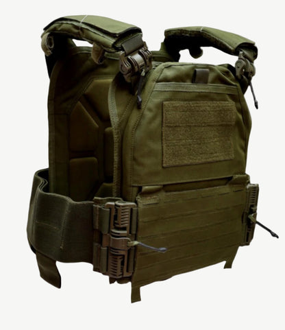 Green tactical vest with multiple pockets and straps on a white background