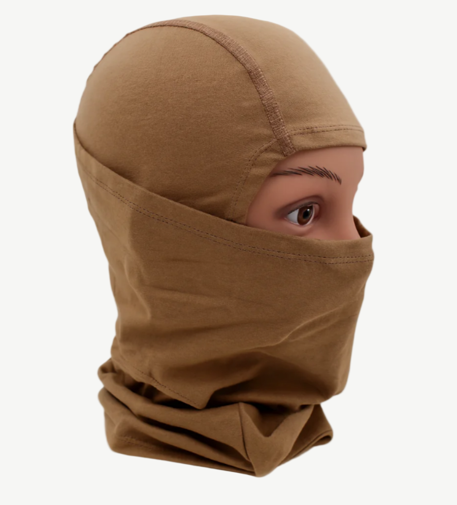 Brown balaclava worn by a person on a white background