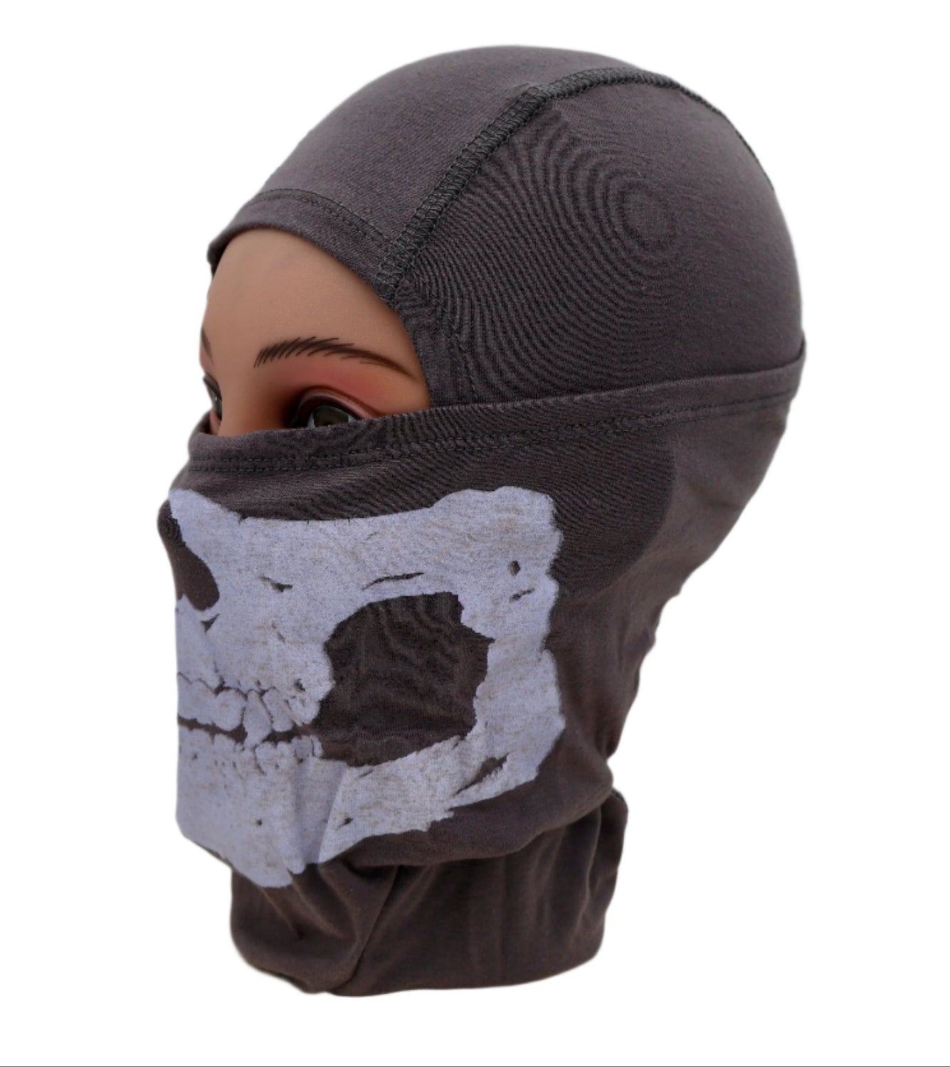 Gray balaclava with skull design worn by a mannequin on a white background