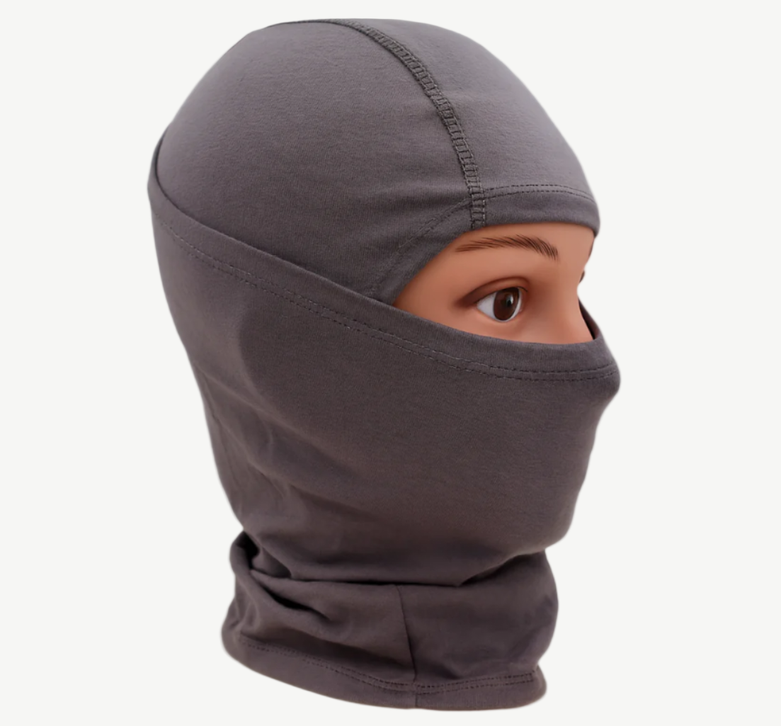 Gray balaclava worn by a person on a white background