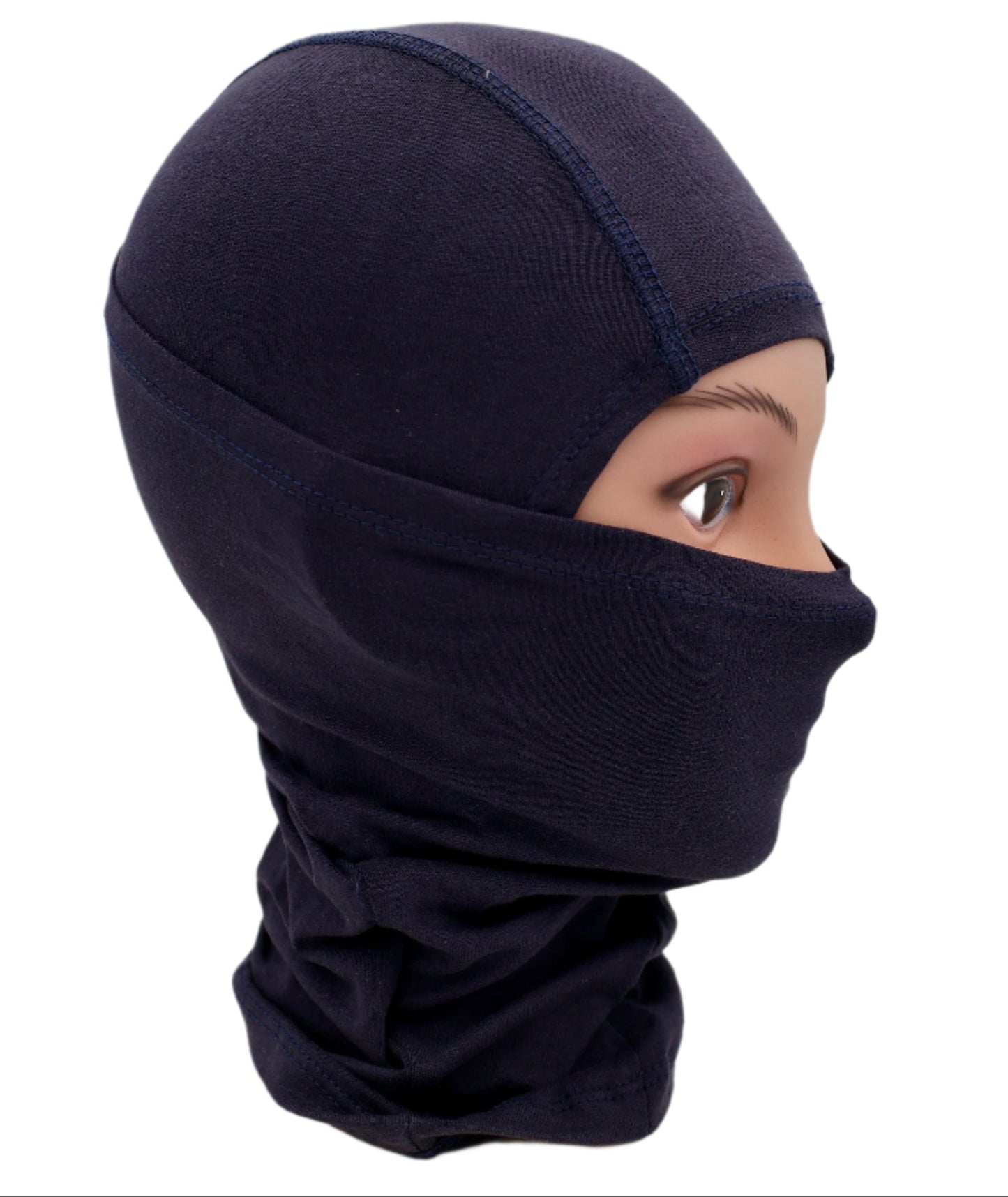 Navy blue balaclava worn by a person on a white background