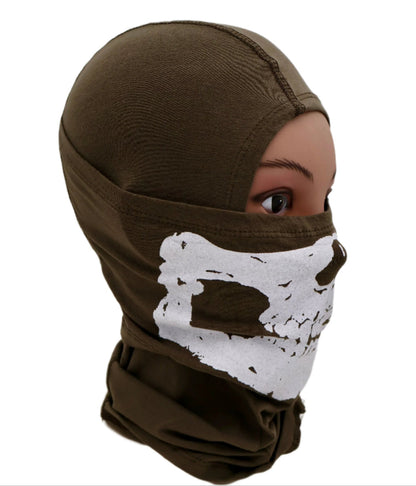 Ranger Green balaclava with a white Printed skull design on a white background.