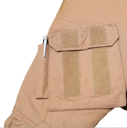 Tan tactical pants with a pocket and velcro straps on a white background
