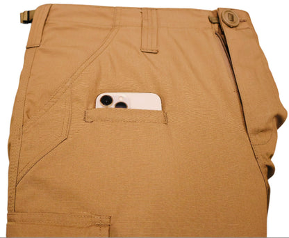Brown pants with a pocket containing a smartphone on a white background