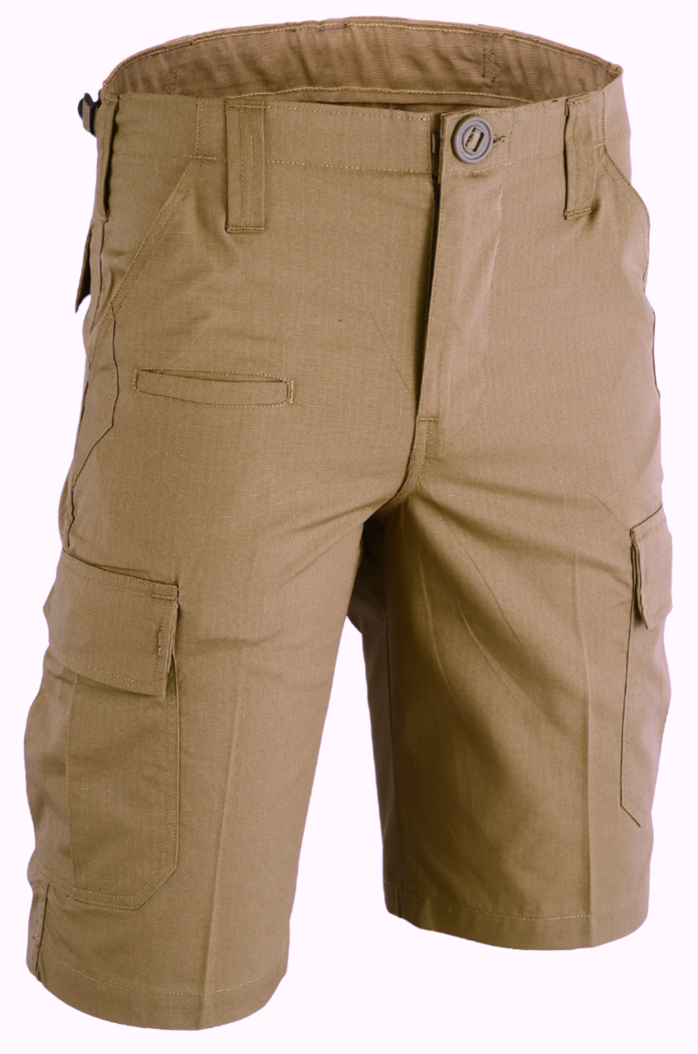 Tan cargo shorts on a white background