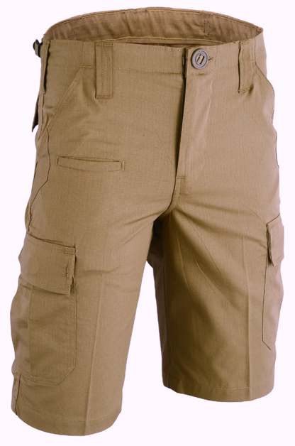 Tan cargo shorts on a white background