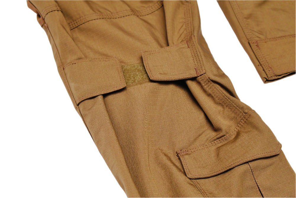 Close-up of brown pants with a visible pocket on a white background
